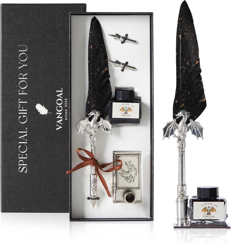 VANGOAL Dragon Quill Pen and Ink Set, Vintage Dragon Feather Dip Pen Calligraphy Gift Set for Writing, Drawing, Desktop Decoration (Black) - Image 1